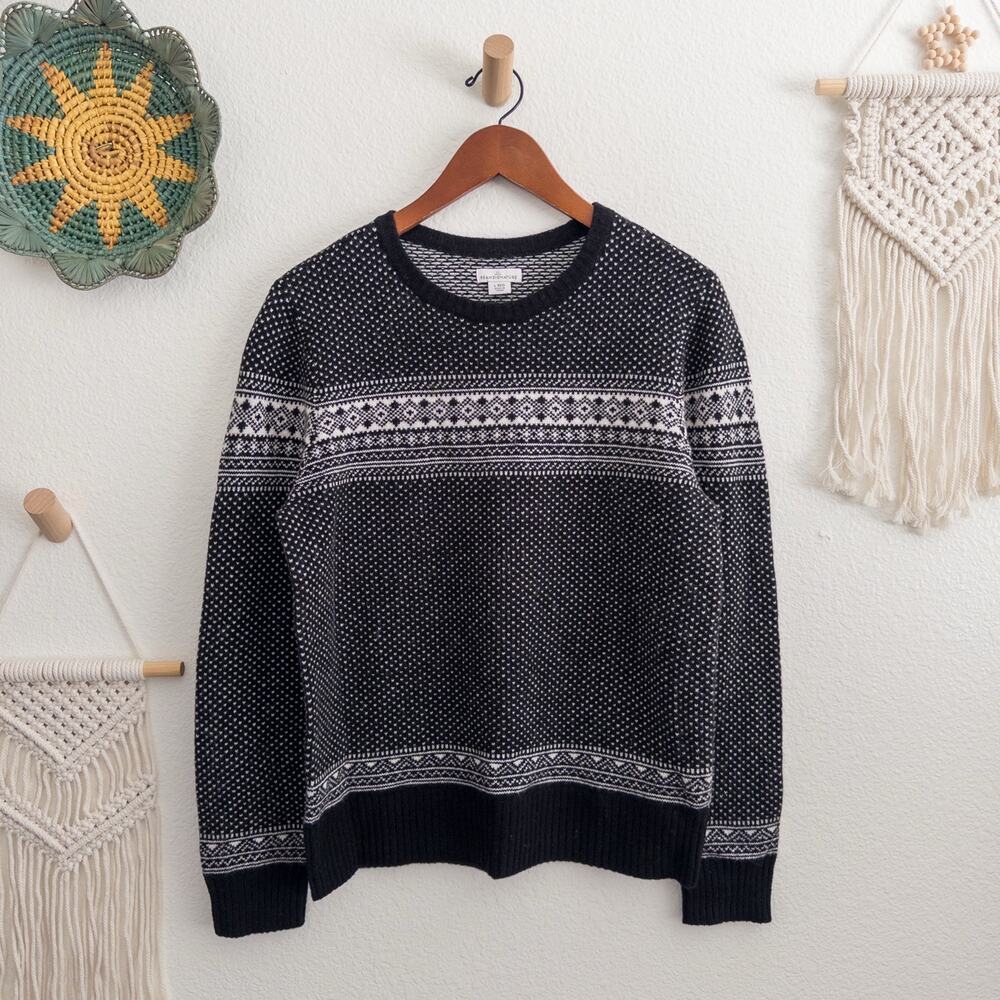 L.L. Bean Signature Fair Isle Black Pullover Sweater Extra Fine Merino Wool